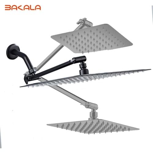 BAKALA 304 Stainless Steel Black Adjustable Rain Shower Head With Solid Brass Extension Arm Folding Free Shipping