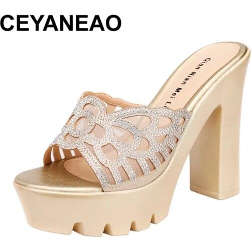 CEYANEAO Woman Platform Fur Sandals Ladies Rhinestone fish mouth high heels Female PU Leather Non Slip Shoe Women Open Toe Women