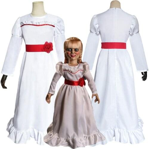 New Child Cute ConjingDoll Annabelle Halloween horror doll white dress children cosplay costume Full set
