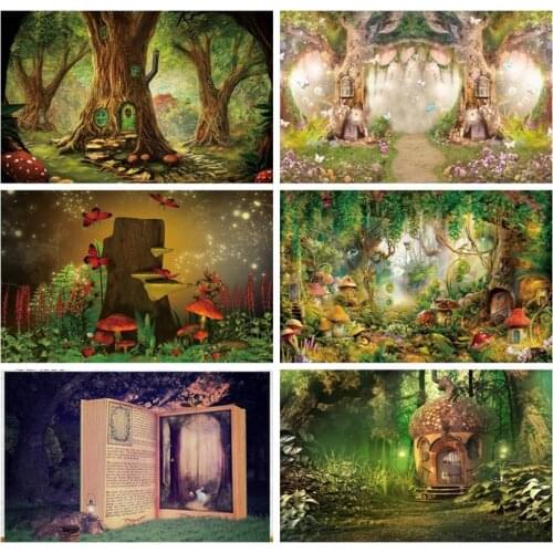 Laeacco Fairy Tale Forest Backdrops Trees Grassland Mushroom Elves Baby Birthday Portrait Photography Backgrounds Photo Studio