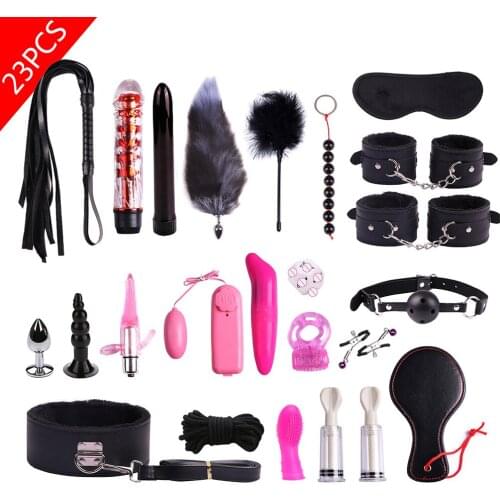 Porno Sex Toys BDSM Bondage Set Kits Handcuffs Nipple Clamps Whip Mouth Gag Anal Beads Butt Plug Bullet Vibrator Adult Games