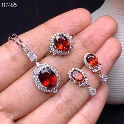 Boutique Jewelry 925 Sterling Silver Inlaid Natural Garnet Ring Earrings Necklace Womens Set Support Test
