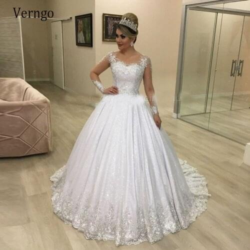Verngo Saudi Arabic A Line Lace Wedding Dres Sheer Neck Long Sleeves Beads Glitter Tulle Vintage Bridal Gowns Robe de Mariage