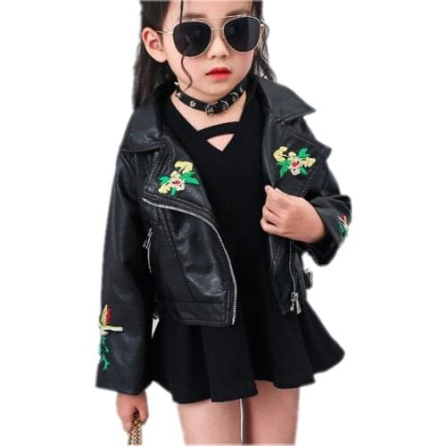 New Coats Girls Embroidered Leather Jackets Black Color Turn-down Collar Manteau Casaco Infantil Girls Jacket 7CT005