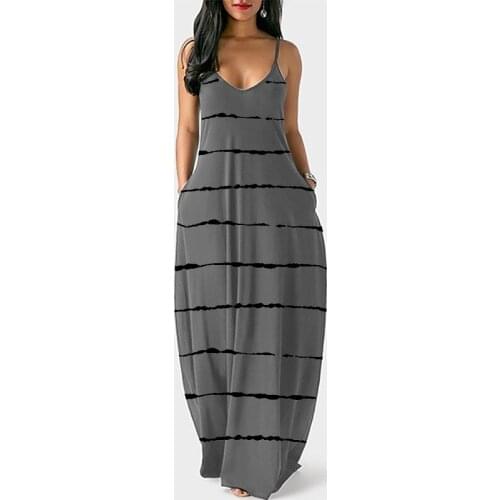 Summer Oversized Robe Dress Sexy Sleeveless Long Dress V-neck Pocket Camisole Long Dress Striped Print Deep V Sling Long Dress