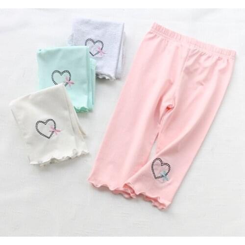 Summer Cotton Girls Leggings Heart-shaped Bow Embroidery Capris Pants Toddler Baby High Quality Soft Elastic Waist Kids Leggings