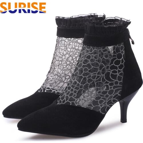 Summer Mesh Women Ankle Boots 7cm High Spike Heels Black Embroider Flock Casual Office Party Lady Pointed Toe Zipper Short Boots
