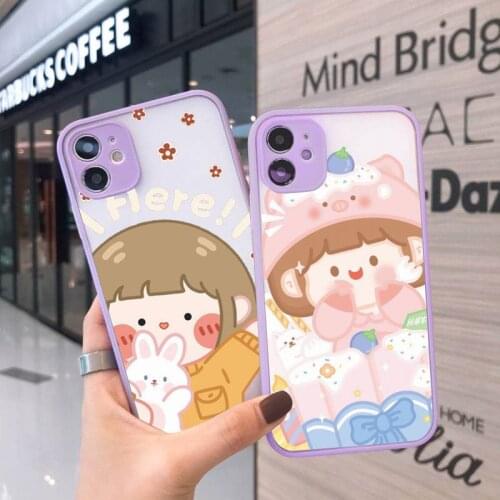 Cute painting cartoon Phone Case For iPhone 12 11 Mini Pro XR XS Max 7 8 Plus X Matte transparent Purple Back Cover