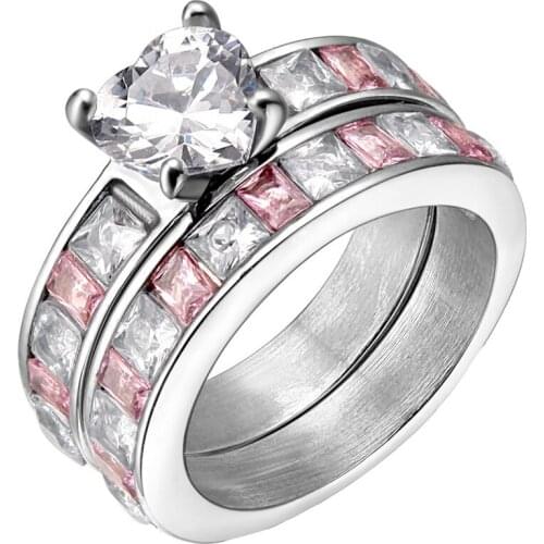 EAMTI Stainless Steel Ring Set Women Pink White Heart Cubic Zirconia Wedding Band Princess Women Rings Eternal bague homme