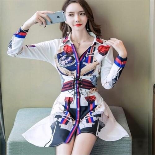 Womens Retro Dress lapel long sleeve printing Tops Lace up waist Shirtdress Temperament Net Red Slim Streetwear Feminine Dress