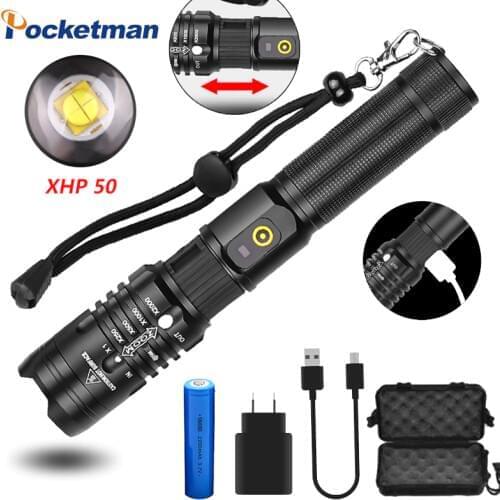 POCKETMAN Brightest flashlight xhp50.2 most powerful flashlight 18650 usb torch xhp50 lantern 18650 hunting lamp hand light