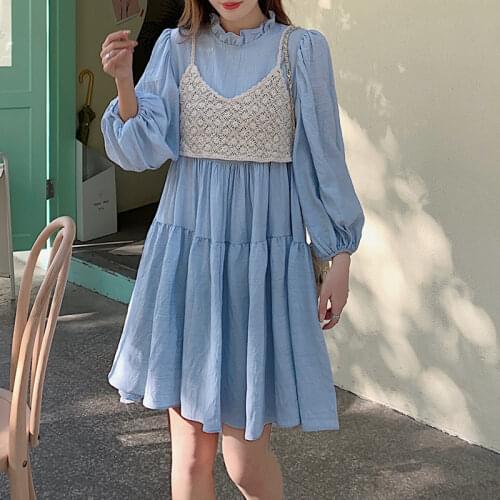 WKFYY Causal Autumn Chiffon Ruffles Edible Tree Fungus Lantern Sleeve Loose Knee Length Dress Hollow Out Camisole Strap D4138