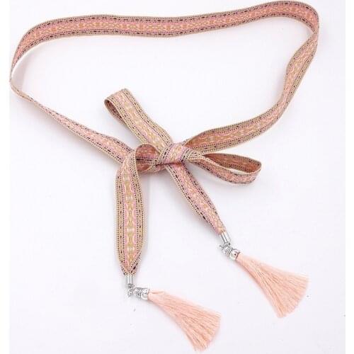 TEELYNN Boho Ethnic Chic Fabric Tassels Chains Belts Vintage Pink Bandage Waistband Casual Sashes Headwear For Women Waist Belt