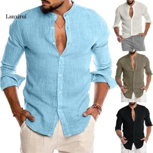 Mens Shirts Blouse Short Sleeve Men Casual Slim Fit Mandarin Collar Shirts High Quality Summer Beach Shirt