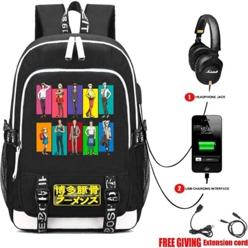 Anime Hakata Tonkotsu Ramens backpack USB Charge Headphone jack School Bags men women Travel Bags Laptop packsack 9 style