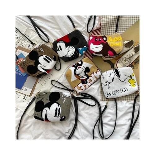 Disney Cartoon Pattern Series Mickey Mouse Winnie the pooh Plush Embroidery Lady Cross-body Bag Mobile Phone Bag Shoulder Bag