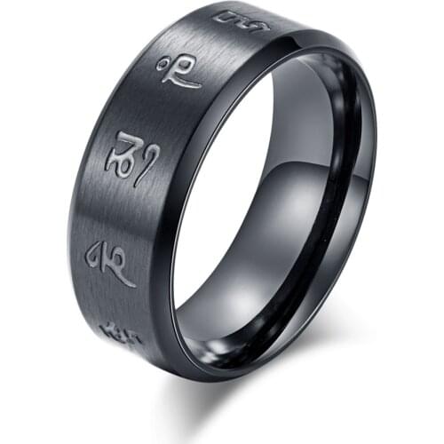 Tibetan Buddhism Black Good Luck Mantra Mens Ring Matte Stainless Steel Male Ring Mysterious Religious Buddhist Jewelry