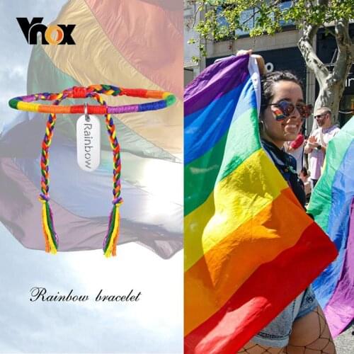 Vnox Casual Handmade Braided Rainbow Color Rope Chain Bracelets for Women Men, Length Adjustable LGBT Wristband Accessory