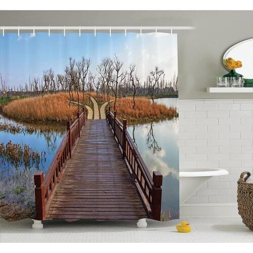 House Shower Curtain Wetland in Kunming Deck Tourism Travel Clear Sky Hiking Countryside Fall Scene Wall Decoration Curtains