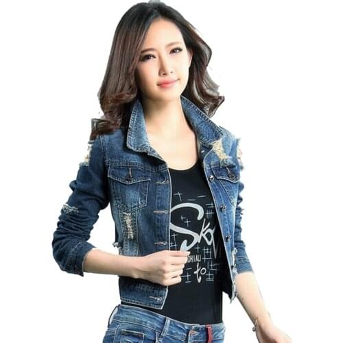 New Spring Autumn Denim Jacket Women Holes Short Long-Sleeved Coat Lady Thin Wild Oversize Cowboy Jackets Female Outerwear