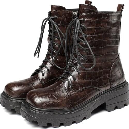 EGTPINAOP Womens Ankle Boots Modem Black Short Lace Up Platform Stone Pattern Fabric Office Lady Fashion All-Match Boots