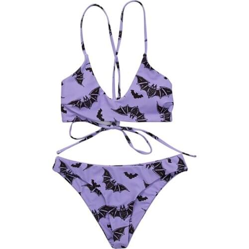 Womens Swimwear 2021 Female Bat Print V-Neck Spaghetti Strap Short Vest+ Bikini Panties for Adults Bikinis Set Swimming Suit