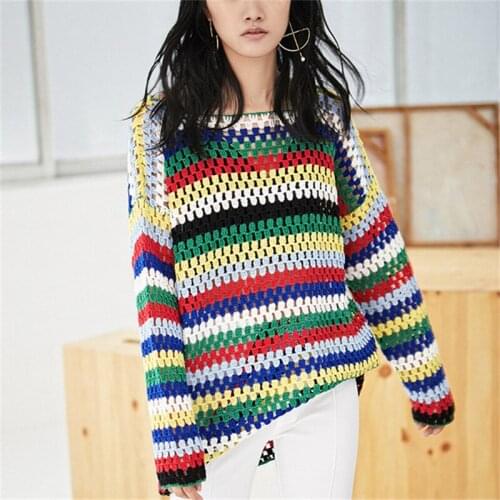 100% hand made pure wool thin knit women striped Oneck hollow out pullover sweater retail wholesale customized