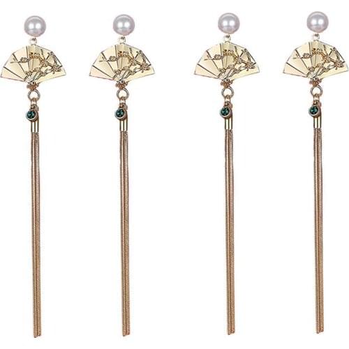 2 Pairs Chinese Elements Hollow Fan Chain Tassel Pearl Pendant Lotus Leaf Cherry Blossoms Cloud Long Drop Earrings for Women