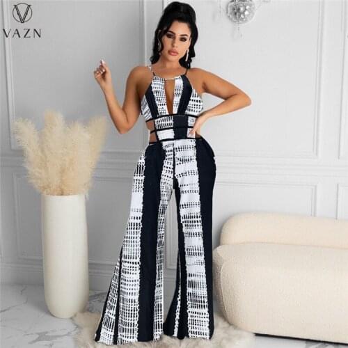 VAZN 2021 New Shinny Sleeveless Print Office Lady Sexy Women Party Beach Jumpsuits Full Pant Bandage Rompers