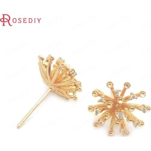 38430)2PCS 13.5MM 24K Gold Color Brass and Zircon with 925 Sterling Silver Pins Flower Stud Earrings Jewelry Making Supplies