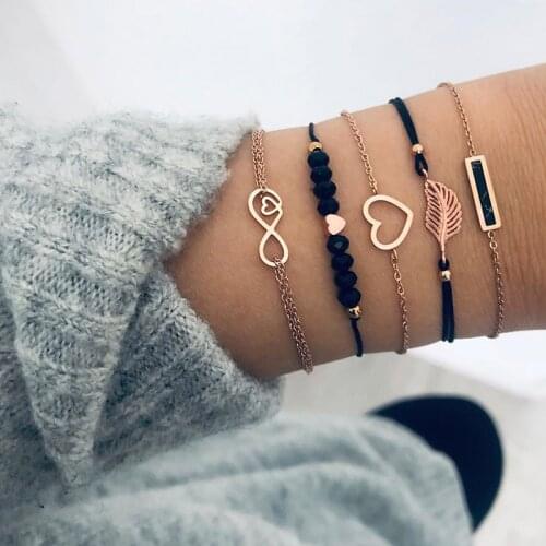 5 Pcs/Set Bohemian Bangle Fashion Heart Leaf Crystal Beads Geometric Infinity Bracelet Set Ladies Charm Party Jewelry Gifts
