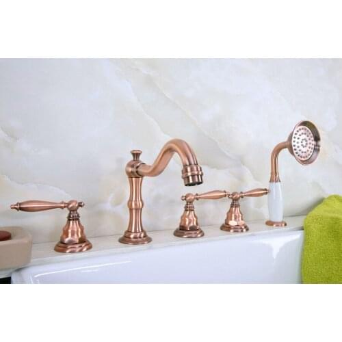 Antique Red Copper Brass Widespread Three Handles Deck Mounted 5 Holes Bathroom Tub Faucet Mixer Tap With Handshower mtf228