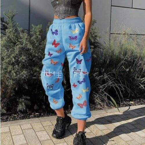 Summer Autumn Casual Butterfly Print Loose Long Pants 2021 Streetwear Elastic Waist Sportwear Trousers For Women