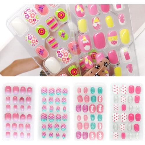 Kids Cartoon Full Cover False Nails Manicure Children Nail Decoration Girls Nail Art 24Pcs/box Candy Color