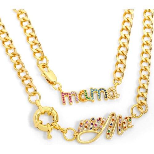 FLOLA Gold Curb Link Chain MaMa MoM Pendant Necklace For Women CZ Pave Necklace Cubic Zirconia Jewelry Mothers Day Gifts nkeu56