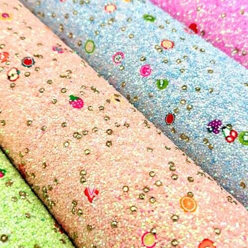 Light Colors Fruit Sequins Fluorescent Chunky Glitter Faux Leather Fabric Canvas Backing for Decorative/DIY Accessories