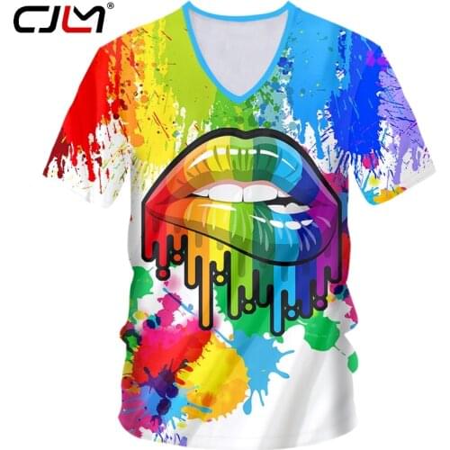 CJLM Gothic Mouth Color Gorgeous Summer Full Printing Fashion 3D V Neck Tshirt Print Hip Hop Style Tee Casual Al