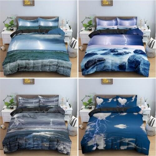 3D Night Landscape Bedding Set Bedclothes Lightning Over Stormy Sea Duvet / Quilt Cover With Pillowcase King Queen Bedroom Decor