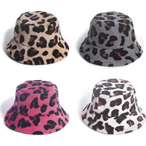 Leopard Fishing Caps Panama Fisherman Hat Warm Soft Faux Fur Winter Bucket Hat for Women Ladies