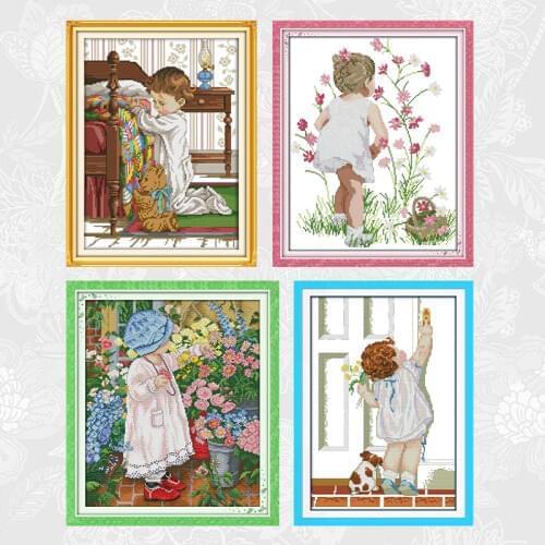 Pray Beside the Bed Cross-stitch Pattern Counted Printed Canvas Little Girl Watching Flowers Cross Stitch Kits Embroidery Sets