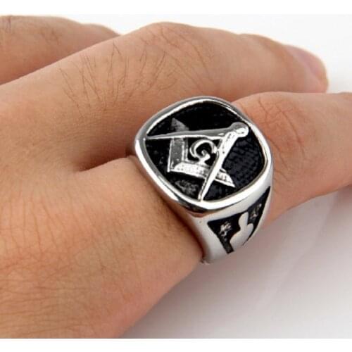 Mens Silver color Black color Free Mason Freemasonry Masonic Ring 316L Stainless Steel Band Ring Mens Jewelry