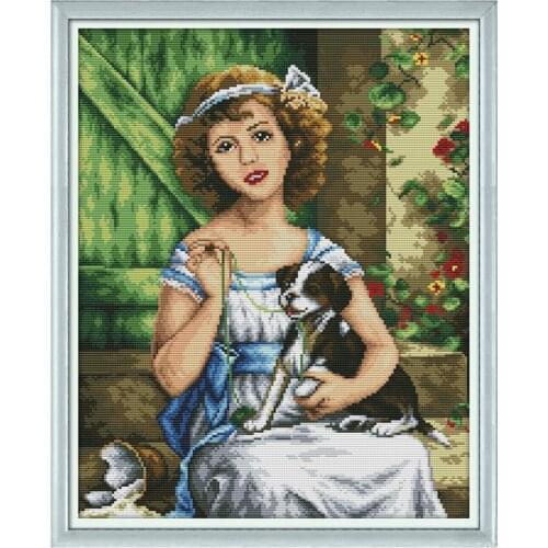 The girl with the dog cross stitch kit aida 14ct 11ct count print canvas stitches stitching needlework embroidery DIY handmade
