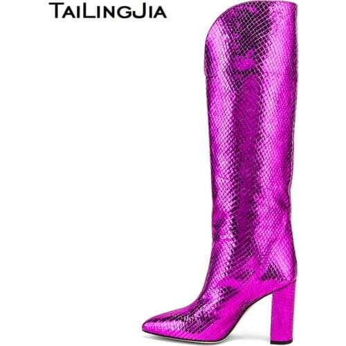 Sexy Winter Block Heel Knee High Boots for Women Pointed Toe Purple Silver PU Leather Ladies Factory Handmade Big Size Long Boot
