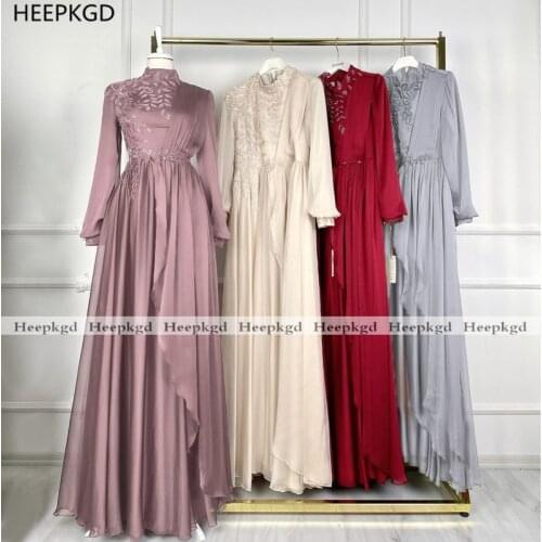 2021 New Muslim Evening Dress Long Sleeves High Neck Chic Lace Chiffon Plus Size Arabic Women Formal Gowns Robe De Soiree