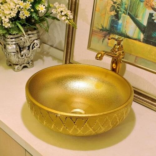 Bathroom Counter Top Wash Basin Cloakroom Hand Painted Vessel Sink bathroom sinks wash basin china round golden