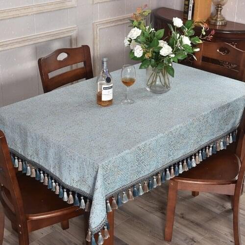 European-Style luxury dining Tablecloth Rectangular Blue solid Square Table Clothes with Lace Tassels Thicken Household cloth