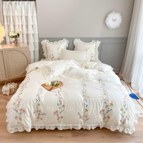 Luxury White Floral Embroidery 100S Egyptian Cotton Bedding Set Queen King Ruffle Duvet Cover Bed Linen Pillowcases Home Textile