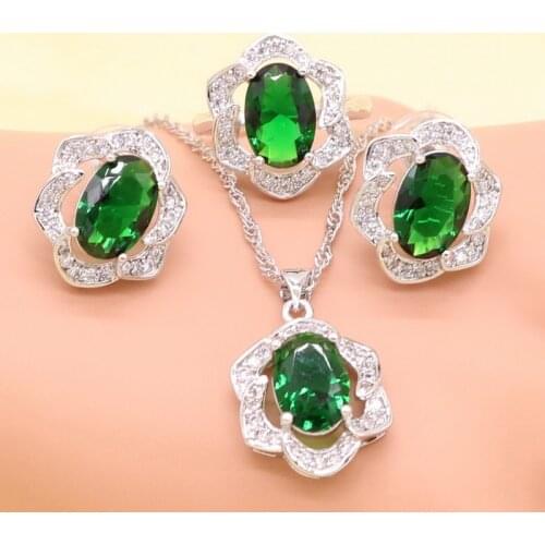 Silver color Green Imitated Emerald Crystal White Zirconia Bridal Jewelry Sets For Women Necklace Pendant Earrings Rings