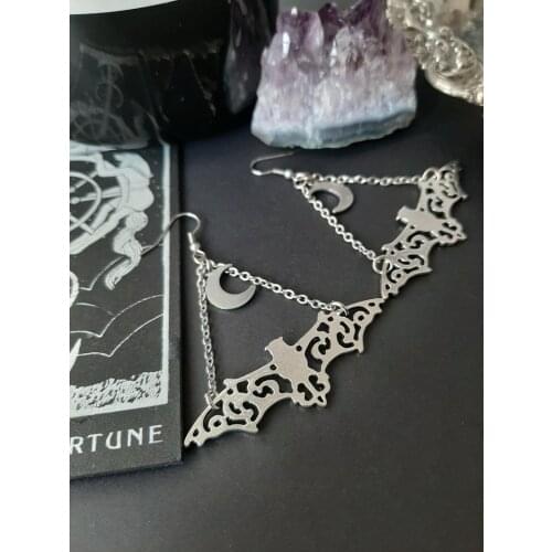 Bat & Moon Chain Earrings -SILVER Plated BAT DANGLE EARRINGS WITH MOON DETAIL, GOTH VAMPIRE ROMANTIC WICCAN