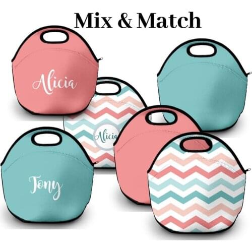 Custom Lunch Bag Mix & Match Colors Design Both Sides Machine Washable Insulated Neoprene Lunch Bag Teal Coral